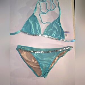 Vintage Aqua Blue Women's Bikini Set with Shells Attached